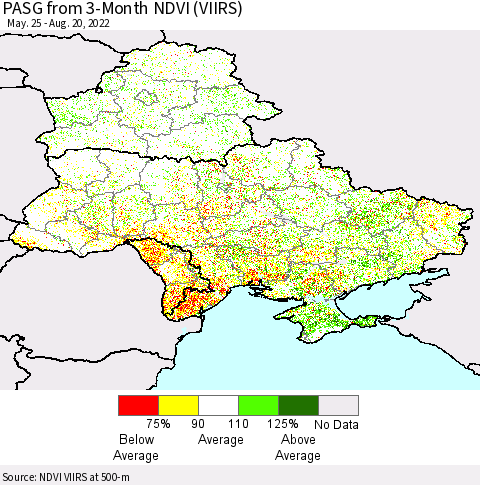 Ukraine, Moldova and Belarus PASG from 3-Month NDVI (VIIRS) Thematic Map For 8/11/2022 - 8/20/2022