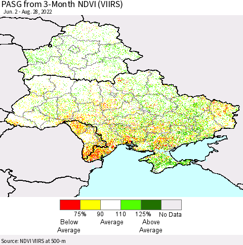 Ukraine, Moldova and Belarus PASG from 3-Month NDVI (VIIRS) Thematic Map For 8/21/2022 - 8/28/2022