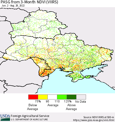 Ukraine, Moldova and Belarus PASG from 3-Month NDVI (VIIRS) Thematic Map For 8/21/2022 - 8/31/2022