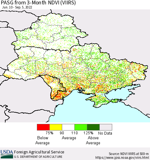 Ukraine, Moldova and Belarus PASG from 3-Month NDVI (VIIRS) Thematic Map For 9/1/2022 - 9/10/2022