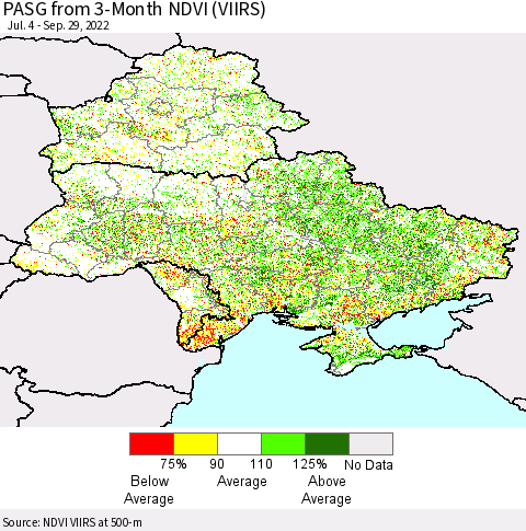 Ukraine, Moldova and Belarus PASG from 3-Month NDVI (VIIRS) Thematic Map For 9/22/2022 - 9/29/2022