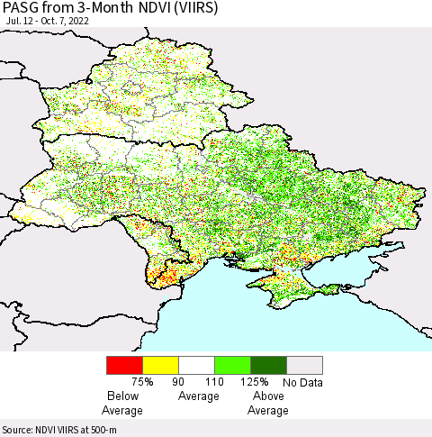 Ukraine, Moldova and Belarus PASG from 3-Month NDVI (VIIRS) Thematic Map For 9/30/2022 - 10/7/2022