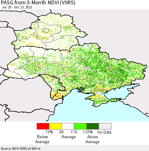 Ukraine, Moldova and Belarus PASG from 3-Month NDVI (VIIRS) Thematic Map For 10/8/2022 - 10/15/2022