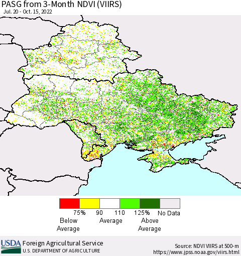 Ukraine, Moldova and Belarus PASG from 3-Month NDVI (VIIRS) Thematic Map For 10/11/2022 - 10/20/2022