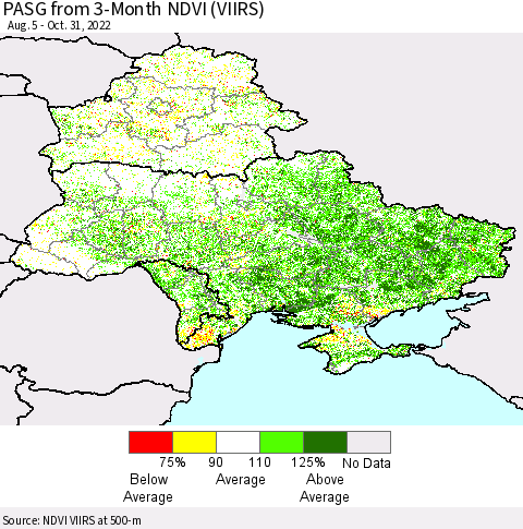 Ukraine, Moldova and Belarus PASG from 3-Month NDVI (VIIRS) Thematic Map For 10/21/2022 - 10/31/2022