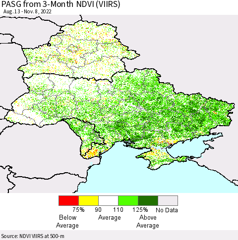 Ukraine, Moldova and Belarus PASG from 3-Month NDVI (VIIRS) Thematic Map For 11/1/2022 - 11/8/2022