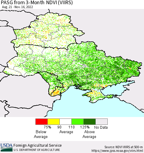 Ukraine, Moldova and Belarus PASG from 3-Month NDVI (VIIRS) Thematic Map For 11/11/2022 - 11/20/2022