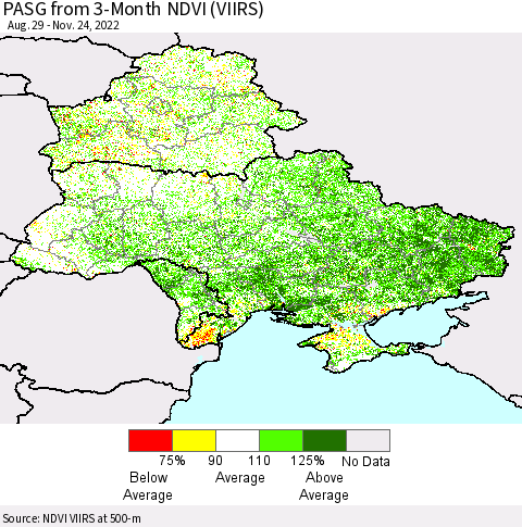 Ukraine, Moldova and Belarus PASG from 3-Month NDVI (VIIRS) Thematic Map For 11/17/2022 - 11/24/2022