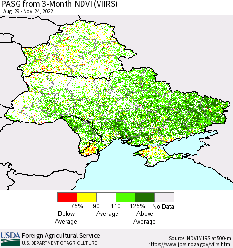 Ukraine, Moldova and Belarus PASG from 3-Month NDVI (VIIRS) Thematic Map For 11/21/2022 - 11/30/2022