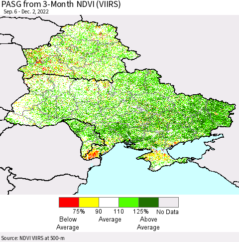Ukraine, Moldova and Belarus PASG from 3-Month NDVI (VIIRS) Thematic Map For 11/25/2022 - 12/2/2022