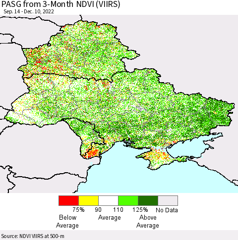Ukraine, Moldova and Belarus PASG from 3-Month NDVI (VIIRS) Thematic Map For 12/1/2022 - 12/10/2022