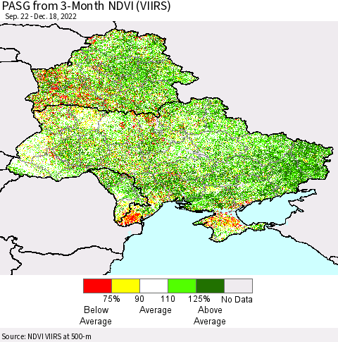 Ukraine, Moldova and Belarus PASG from 3-Month NDVI (VIIRS) Thematic Map For 12/11/2022 - 12/18/2022