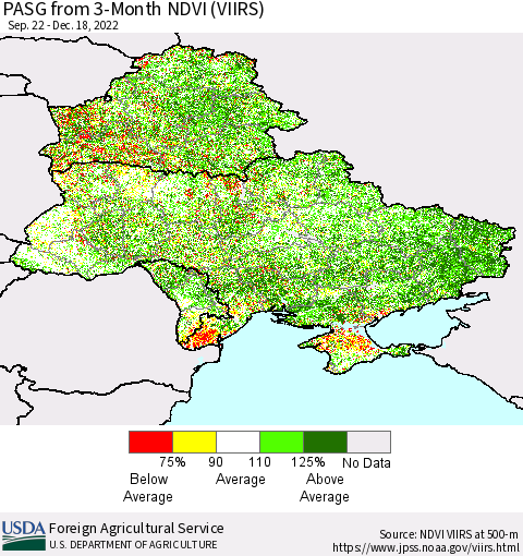 Ukraine, Moldova and Belarus PASG from 3-Month NDVI (VIIRS) Thematic Map For 12/11/2022 - 12/20/2022