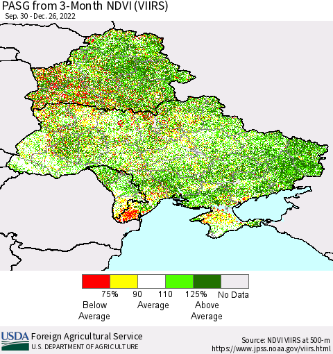 Ukraine, Moldova and Belarus PASG from 3-Month NDVI (VIIRS) Thematic Map For 12/21/2022 - 12/31/2022