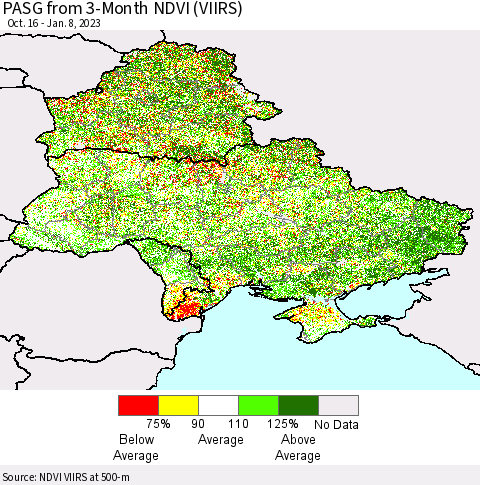 Ukraine, Moldova and Belarus PASG from 3-Month NDVI (VIIRS) Thematic Map For 1/1/2023 - 1/8/2023