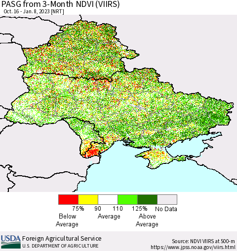 Ukraine, Moldova and Belarus PASG from 3-Month NDVI (VIIRS) Thematic Map For 1/1/2023 - 1/10/2023