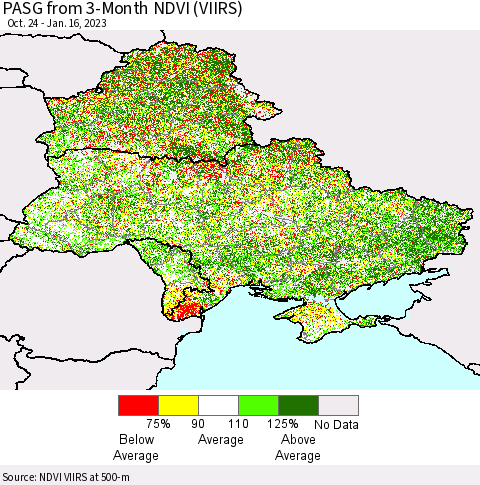 Ukraine, Moldova and Belarus PASG from 3-Month NDVI (VIIRS) Thematic Map For 1/9/2023 - 1/16/2023