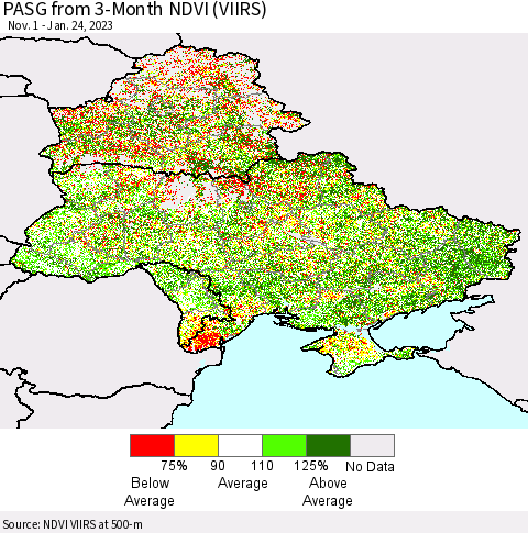 Ukraine, Moldova and Belarus PASG from 3-Month NDVI (VIIRS) Thematic Map For 1/17/2023 - 1/24/2023