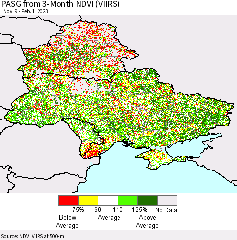 Ukraine, Moldova and Belarus PASG from 3-Month NDVI (VIIRS) Thematic Map For 1/25/2023 - 2/1/2023