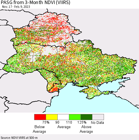 Ukraine, Moldova and Belarus PASG from 3-Month NDVI (VIIRS) Thematic Map For 2/2/2023 - 2/9/2023