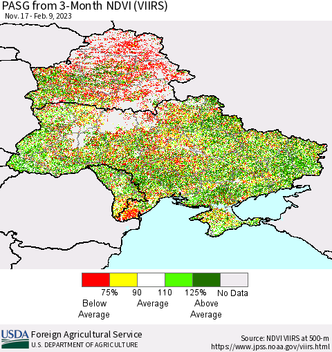 Ukraine, Moldova and Belarus PASG from 3-Month NDVI (VIIRS) Thematic Map For 2/1/2023 - 2/10/2023