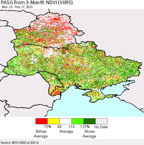Ukraine, Moldova and Belarus PASG from 3-Month NDVI (VIIRS) Thematic Map For 2/10/2023 - 2/17/2023