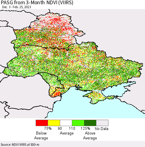 Ukraine, Moldova and Belarus PASG from 3-Month NDVI (VIIRS) Thematic Map For 2/18/2023 - 2/25/2023