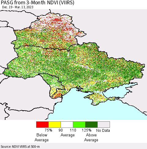 Ukraine, Moldova and Belarus PASG from 3-Month NDVI (VIIRS) Thematic Map For 3/6/2023 - 3/13/2023