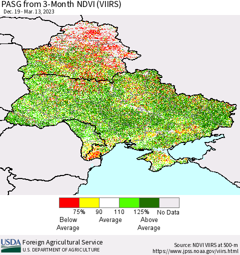 Ukraine, Moldova and Belarus PASG from 3-Month NDVI (VIIRS) Thematic Map For 3/11/2023 - 3/20/2023