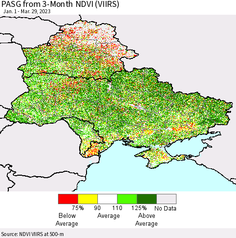 Ukraine, Moldova and Belarus PASG from 3-Month NDVI (VIIRS) Thematic Map For 3/22/2023 - 3/29/2023