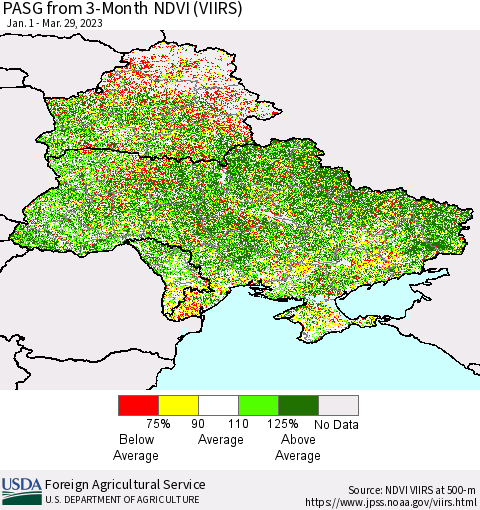 Ukraine, Moldova and Belarus PASG from 3-Month NDVI (VIIRS) Thematic Map For 3/21/2023 - 3/31/2023