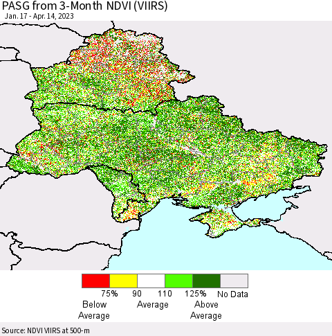 Ukraine, Moldova and Belarus PASG from 3-Month NDVI (VIIRS) Thematic Map For 4/7/2023 - 4/14/2023