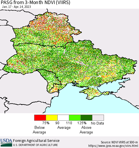 Ukraine, Moldova and Belarus PASG from 3-Month NDVI (VIIRS) Thematic Map For 4/11/2023 - 4/20/2023