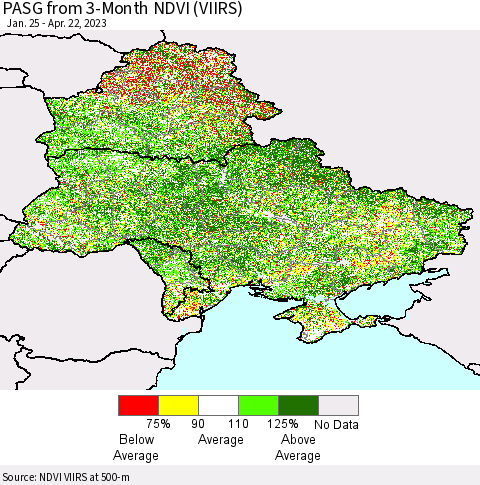 Ukraine, Moldova and Belarus PASG from 3-Month NDVI (VIIRS) Thematic Map For 4/15/2023 - 4/22/2023