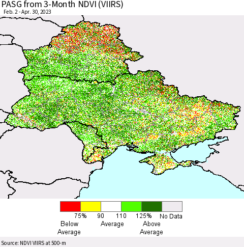 Ukraine, Moldova and Belarus PASG from 3-Month NDVI (VIIRS) Thematic Map For 4/23/2023 - 4/30/2023