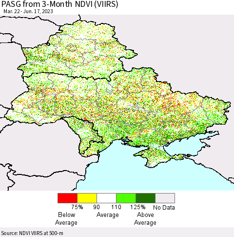 Ukraine, Moldova and Belarus PASG from 3-Month NDVI (VIIRS) Thematic Map For 6/10/2023 - 6/17/2023
