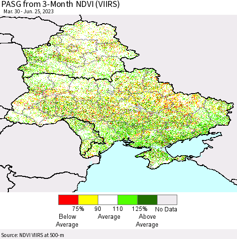 Ukraine, Moldova and Belarus PASG from 3-Month NDVI (VIIRS) Thematic Map For 6/18/2023 - 6/25/2023