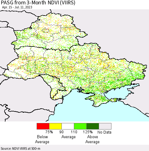 Ukraine, Moldova and Belarus PASG from 3-Month NDVI (VIIRS) Thematic Map For 7/4/2023 - 7/11/2023
