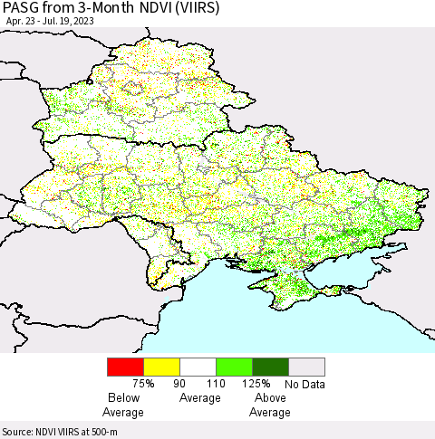 Ukraine, Moldova and Belarus PASG from 3-Month NDVI (VIIRS) Thematic Map For 7/12/2023 - 7/19/2023