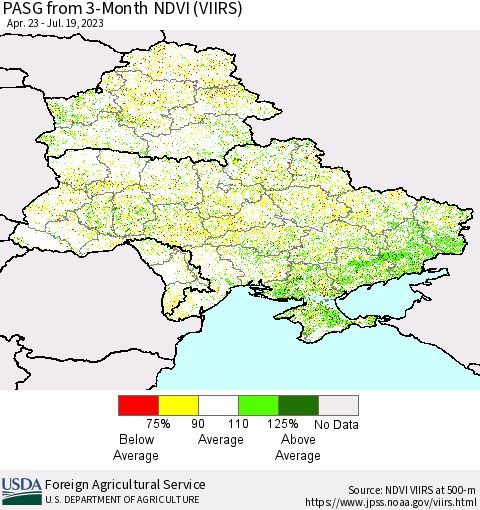 Ukraine, Moldova and Belarus PASG from 3-Month NDVI (VIIRS) Thematic Map For 7/11/2023 - 7/20/2023