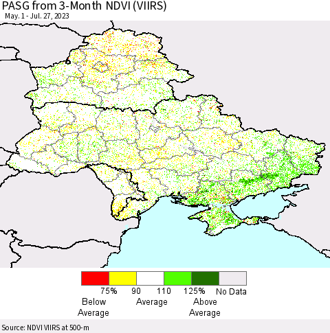 Ukraine, Moldova and Belarus PASG from 3-Month NDVI (VIIRS) Thematic Map For 7/20/2023 - 7/27/2023