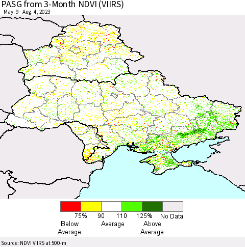 Ukraine, Moldova and Belarus PASG from 3-Month NDVI (VIIRS) Thematic Map For 7/28/2023 - 8/4/2023