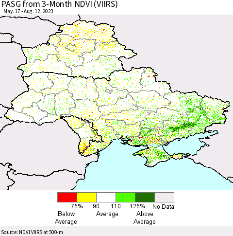 Ukraine, Moldova and Belarus PASG from 3-Month NDVI (VIIRS) Thematic Map For 8/5/2023 - 8/12/2023