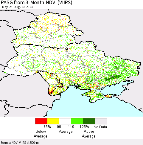 Ukraine, Moldova and Belarus PASG from 3-Month NDVI (VIIRS) Thematic Map For 8/11/2023 - 8/20/2023