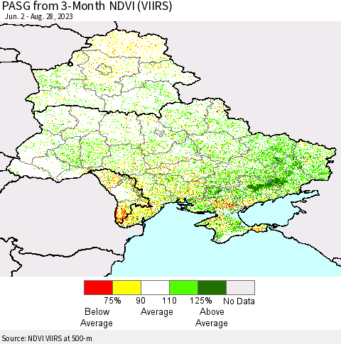 Ukraine, Moldova and Belarus PASG from 3-Month NDVI (VIIRS) Thematic Map For 8/21/2023 - 8/28/2023