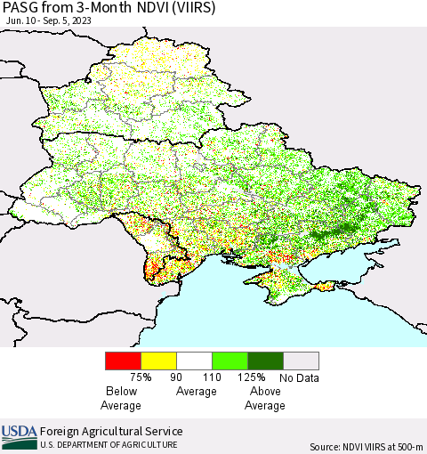 Ukraine, Moldova and Belarus PASG from 3-Month NDVI (VIIRS) Thematic Map For 9/1/2023 - 9/10/2023