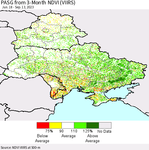 Ukraine, Moldova and Belarus PASG from 3-Month NDVI (VIIRS) Thematic Map For 9/6/2023 - 9/13/2023
