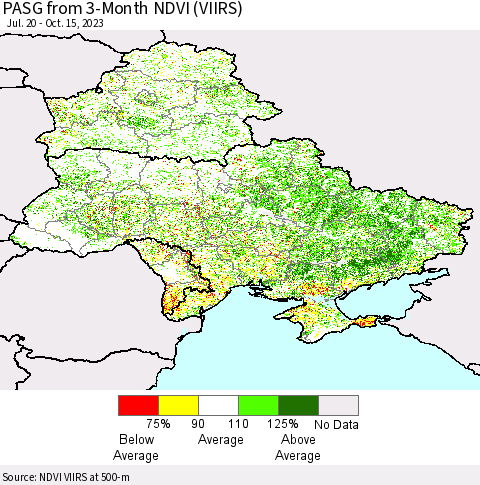Ukraine, Moldova and Belarus PASG from 3-Month NDVI (VIIRS) Thematic Map For 10/8/2023 - 10/15/2023