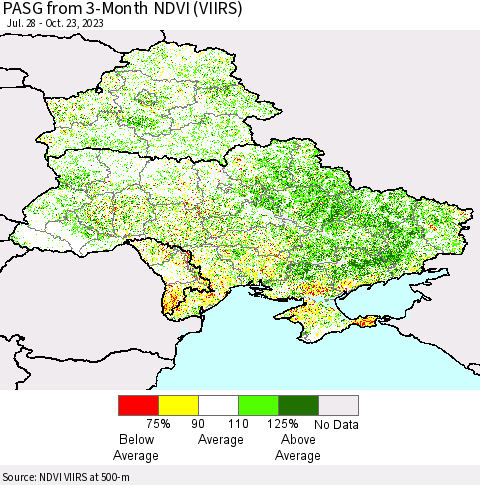 Ukraine, Moldova and Belarus PASG from 3-Month NDVI (VIIRS) Thematic Map For 10/16/2023 - 10/23/2023