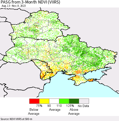 Ukraine, Moldova and Belarus PASG from 3-Month NDVI (VIIRS) Thematic Map For 11/1/2023 - 11/8/2023